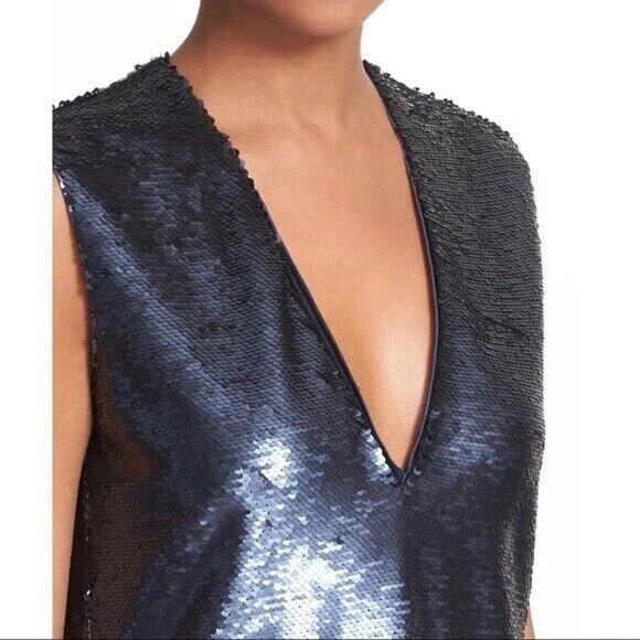 Elizabeth & James Dress Womens 0 NEW Wesley Flip Sequin V-Neck Shift Blue Black - Picture 2 of 10